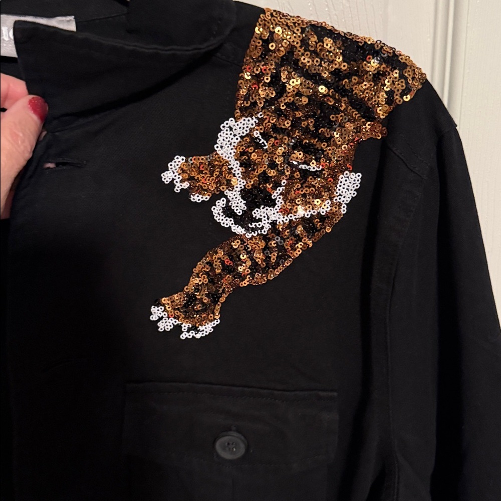 Blue B tiger sequin black brown utility denim jacket size large - Picture 2 of 8